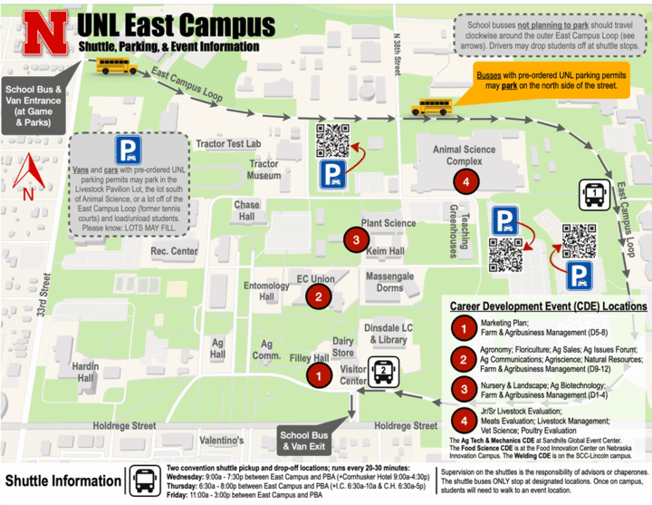 Map of UNL East Campus showing shuttle routes, parking areas, bus entrances, and numbered CDE locations across campus buildings.